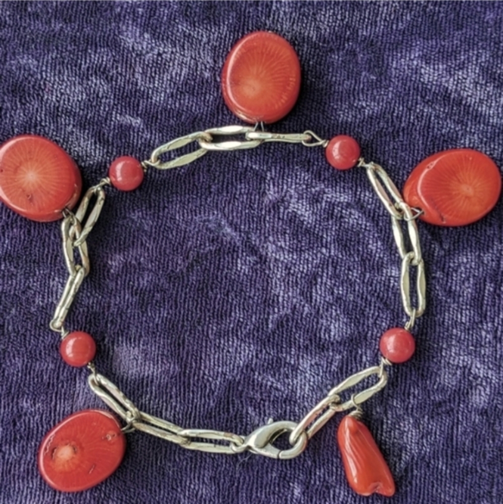 Vintage Link Bracelet With Large Red Coral Beads